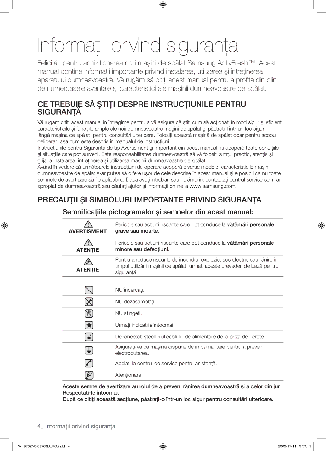 Samsung WF9702N3C/YLE manual Informaţii privind siguranţa, CE Trebuie SĂ Ştiţi Despre Instrucţiunile Pentru Siguranţă 