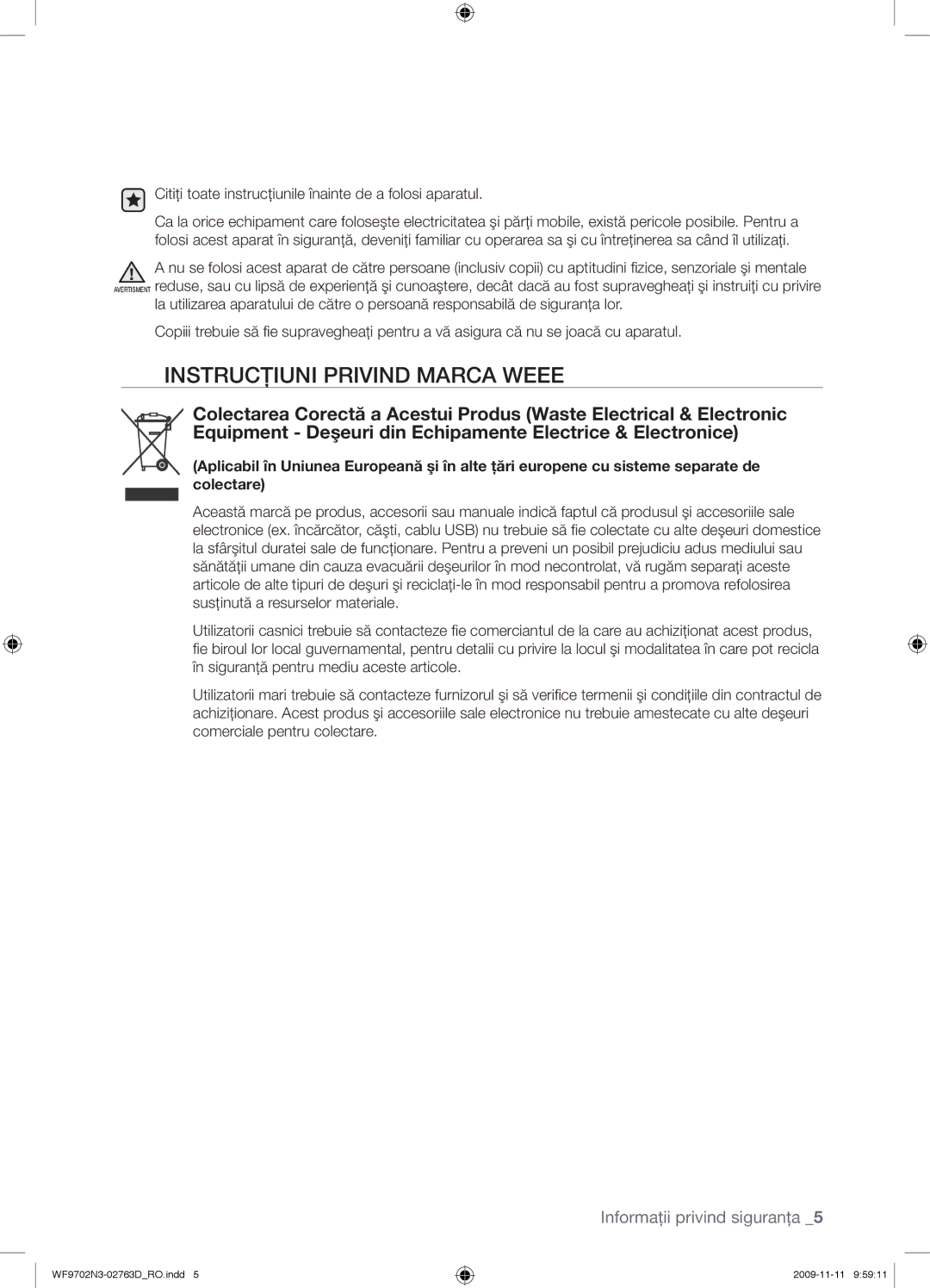 Samsung WF9702N3C/YLE manual Instrucţiuni Privind Marca Weee, Citiţi toate instrucţiunile înainte de a folosi aparatul 