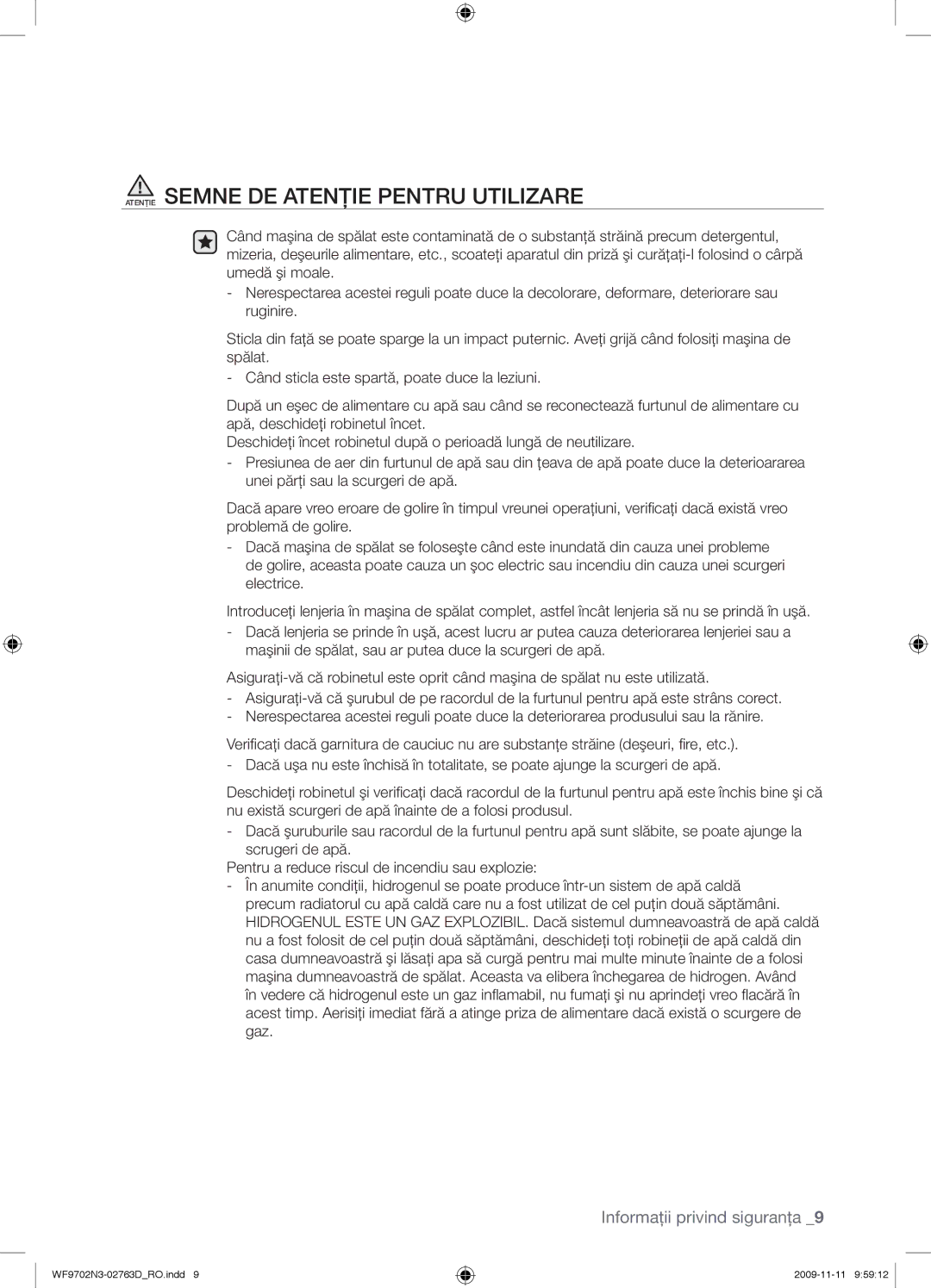 Samsung WF9702N3C/YLE manual Atenţie Semne DE Atenţie Pentru Utilizare 