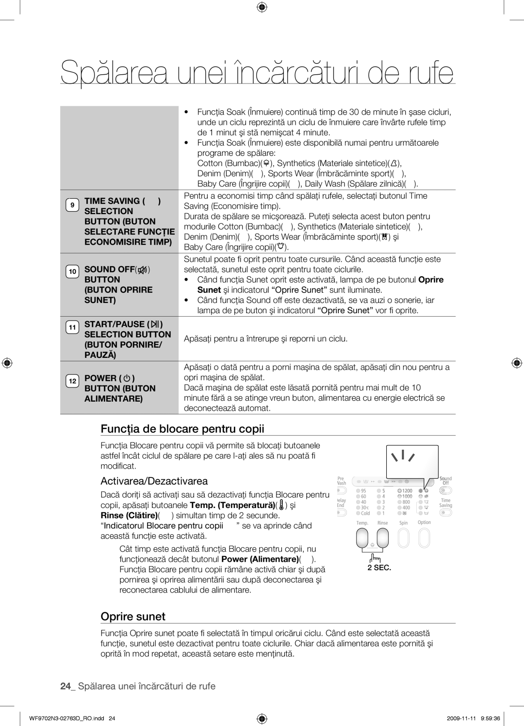 Samsung WF9702N3C/YLE manual Funcţia de blocare pentru copii, Oprire sunet, Activarea/Dezactivarea 