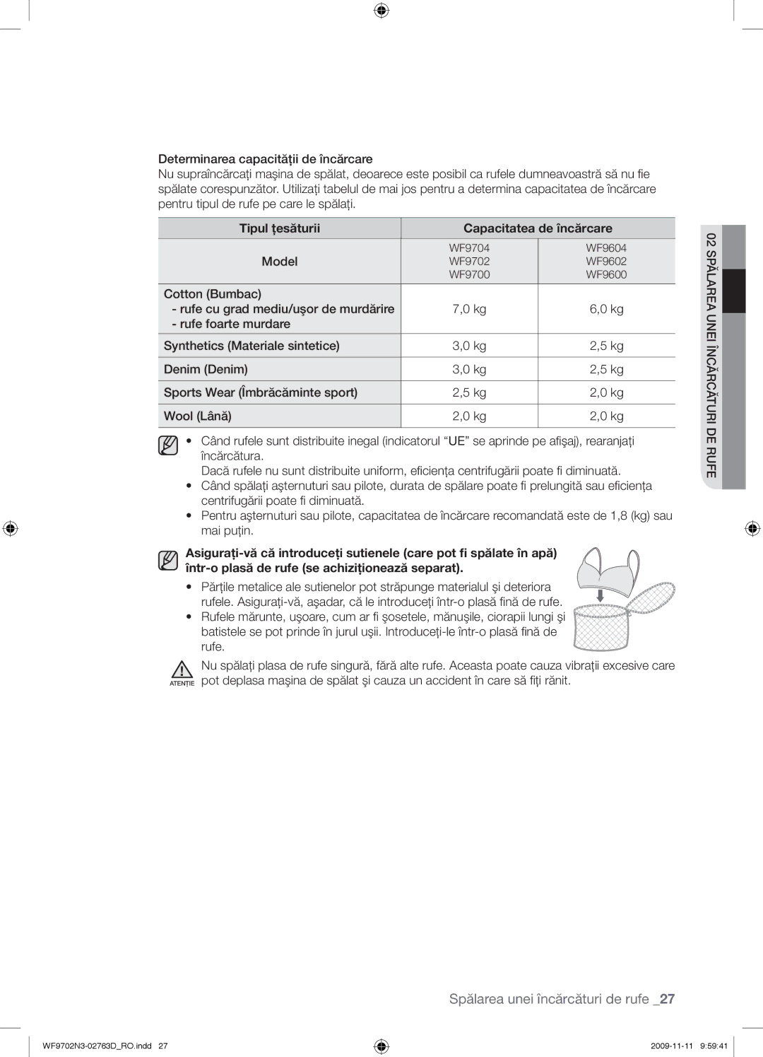 Samsung WF9702N3C/YLE manual Tipul ţesăturii Capacitatea de încărcare 