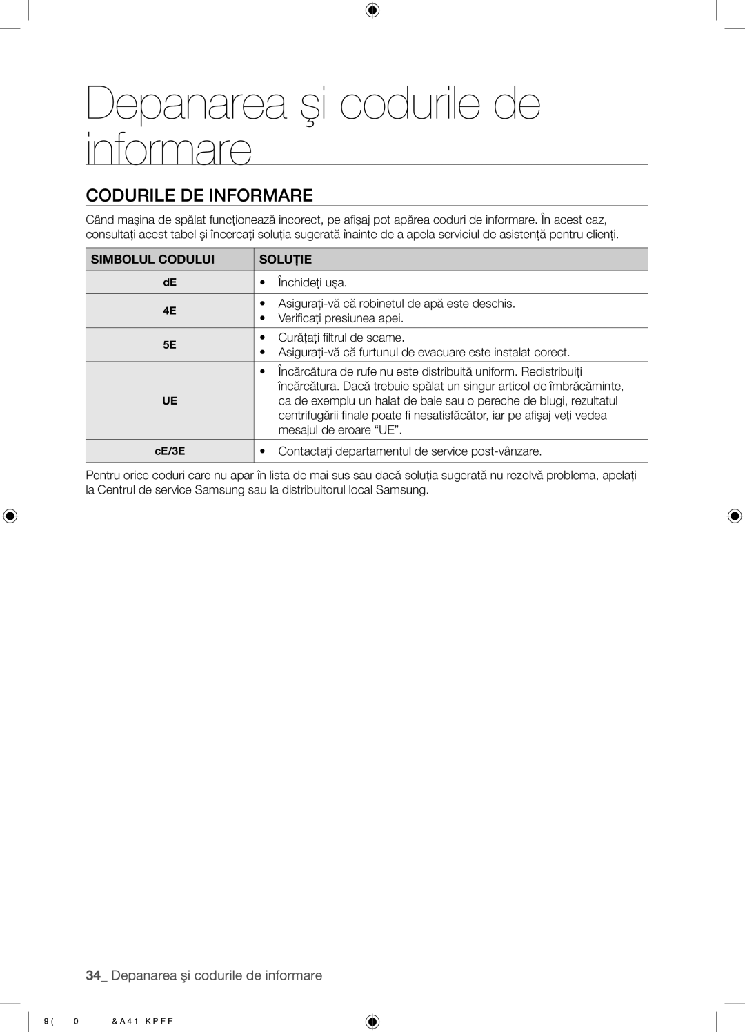 Samsung WF9702N3C/YLE manual Codurile DE Informare, Simbolul Codului Soluţie 