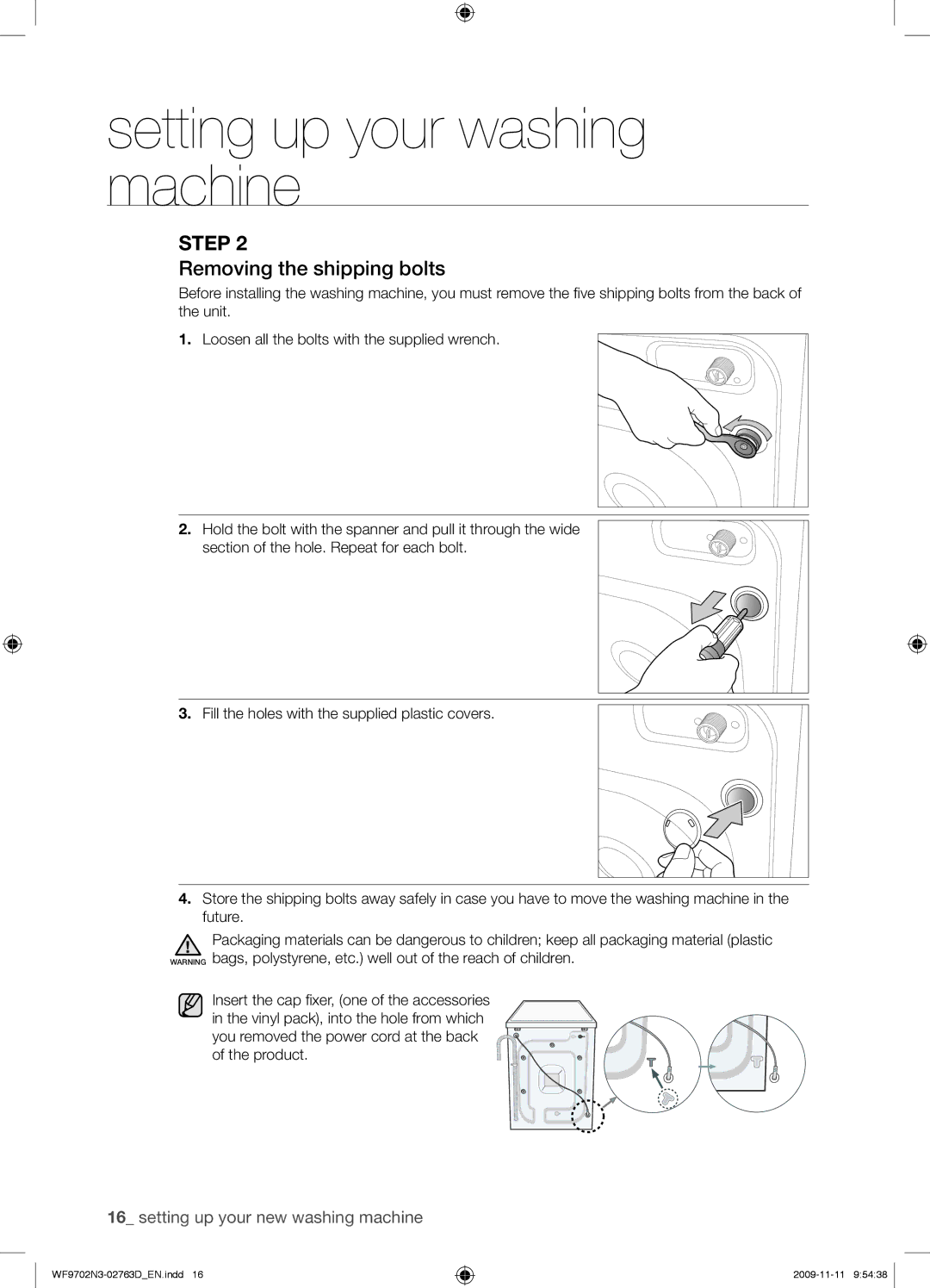 Samsung WF9702N3C/YLE manual Removing the shipping bolts 