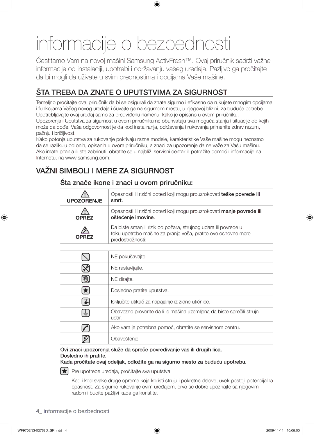 Samsung WF9702N3C/YLE manual Informacije o bezbednosti, ŠTA Treba DA Znate O Uputstvima ZA Sigurnost 