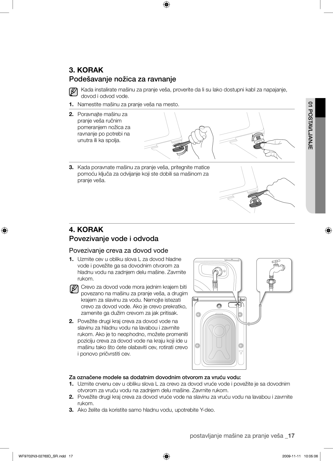 Samsung WF9702N3C/YLE manual Podešavanje nožica za ravnanje, Povezivanje vode i odvoda, Povezivanje creva za dovod vode 