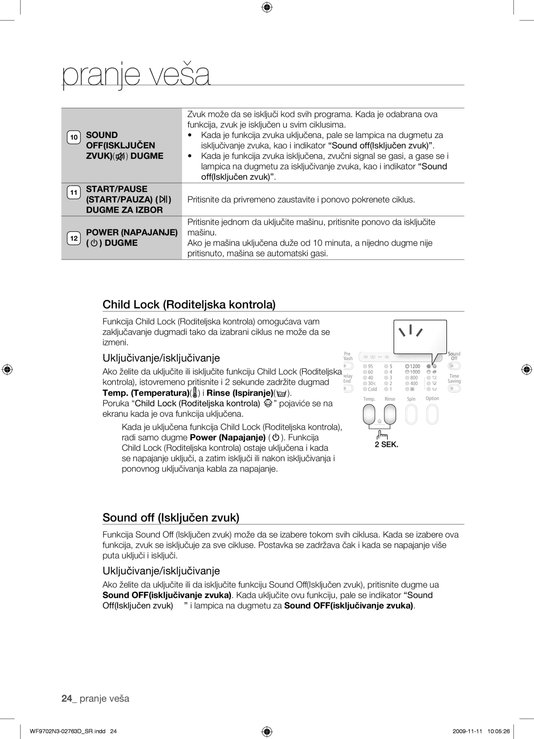 Samsung WF9702N3C/YLE manual Sound off Isključen zvuk, Uključivanje/isključivanje 