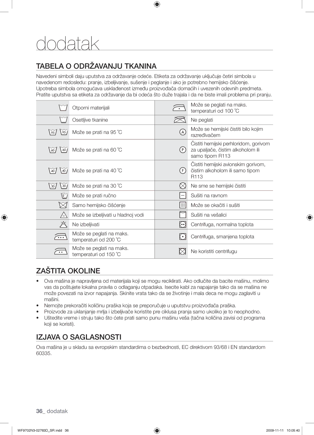 Samsung WF9702N3C/YLE manual Dodatak, Tabela O Održavanju Tkanina, Zaštita Okoline, Izjava O Saglasnosti 