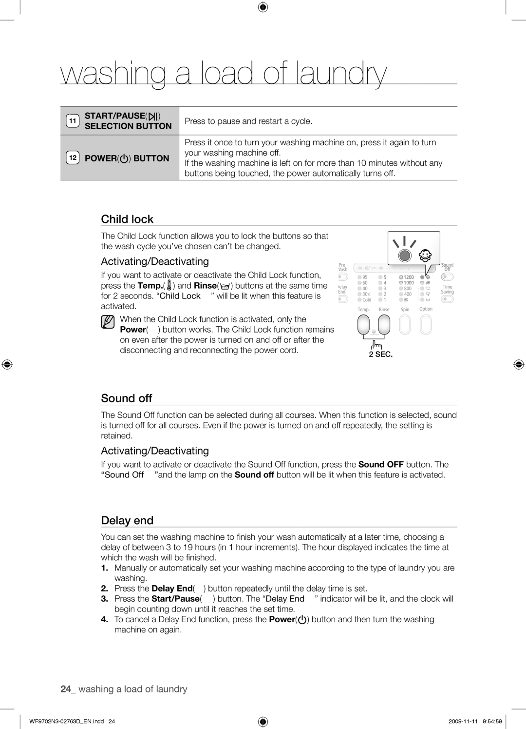 Samsung WF9702N3C/YLE manual Sound off, Activating/Deactivating, Start/Pause 