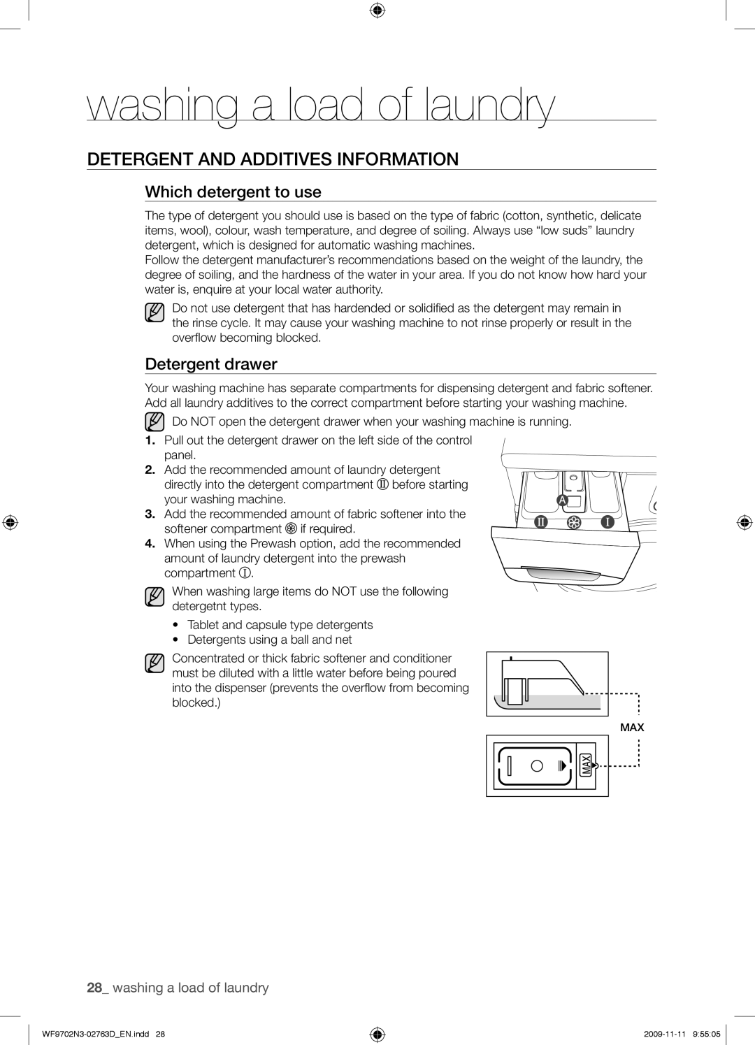 Samsung WF9702N3C/YLE manual Detergent and Additives Information, Which detergent to use, Detergent drawer 