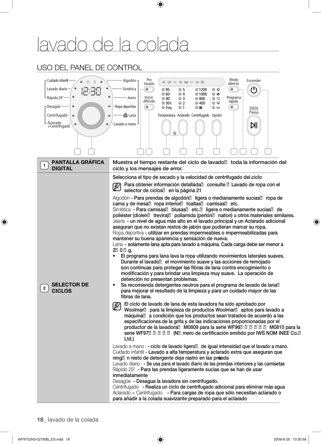 Samsung WF9702N3W/XEC manual USO DEL Panel DE Control, Selector DE, Ciclos, ﬁbras de lana 