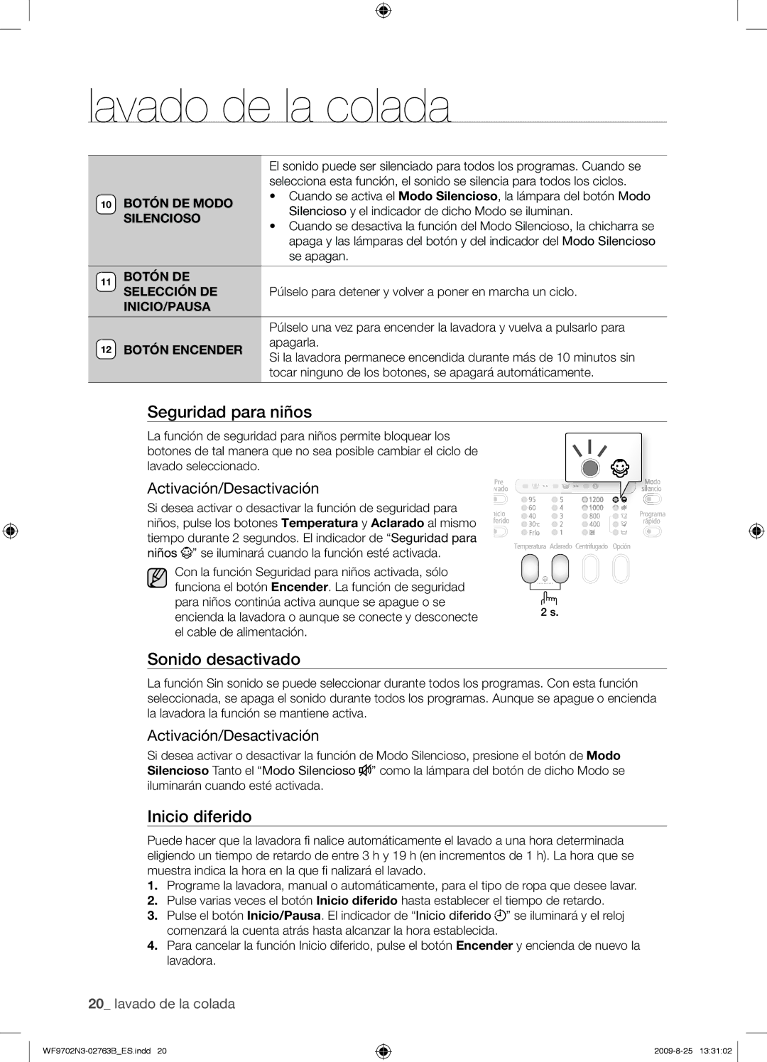 Samsung WF9702N3W/XEC manual Sonido desactivado, Botón DE Modo, Silencioso, Inicio/Pausa, Botón Encender 