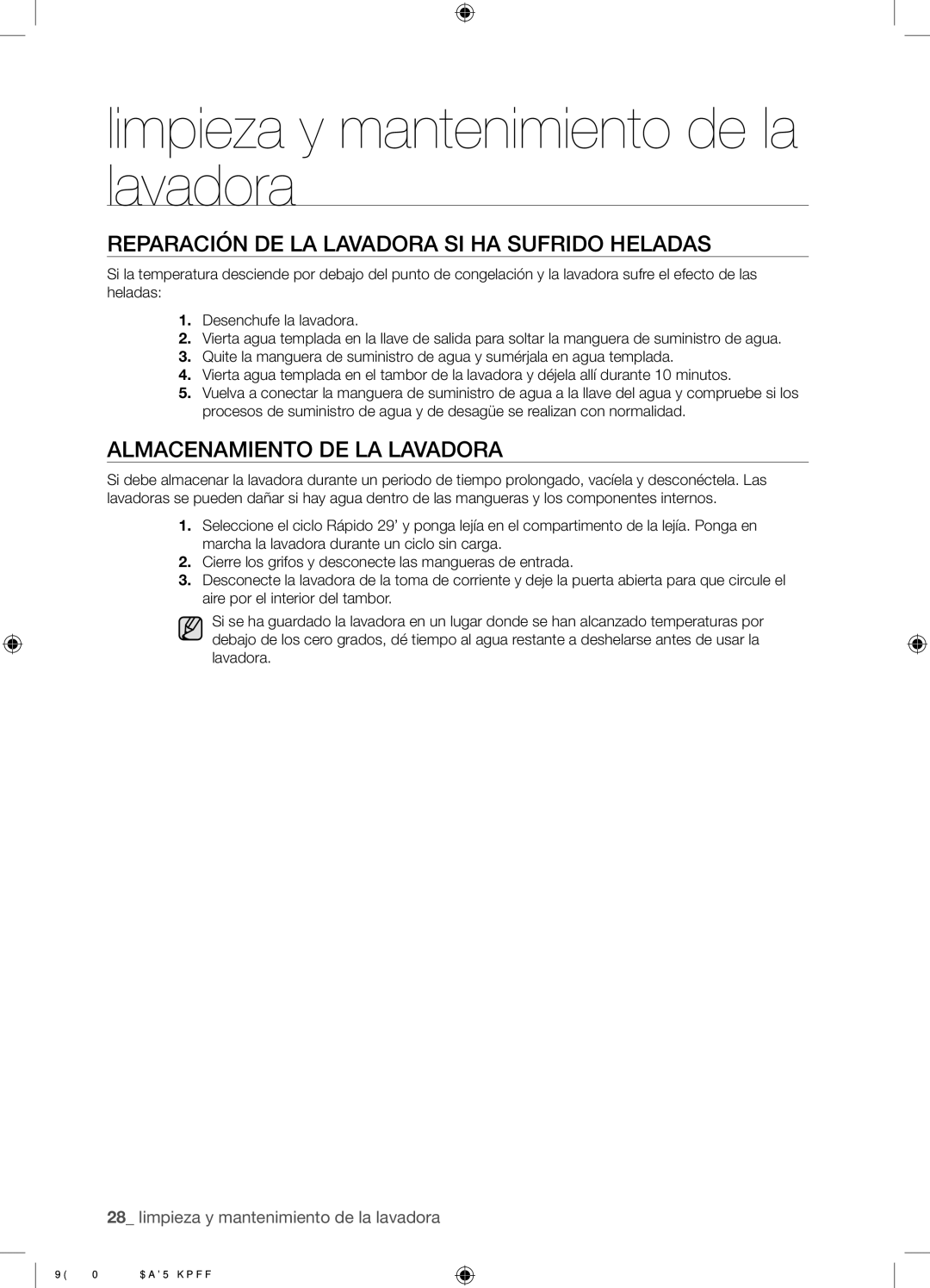 Samsung WF9702N3W/XEC manual Reparación DE LA Lavadora SI HA Sufrido Heladas, Almacenamiento DE LA Lavadora 