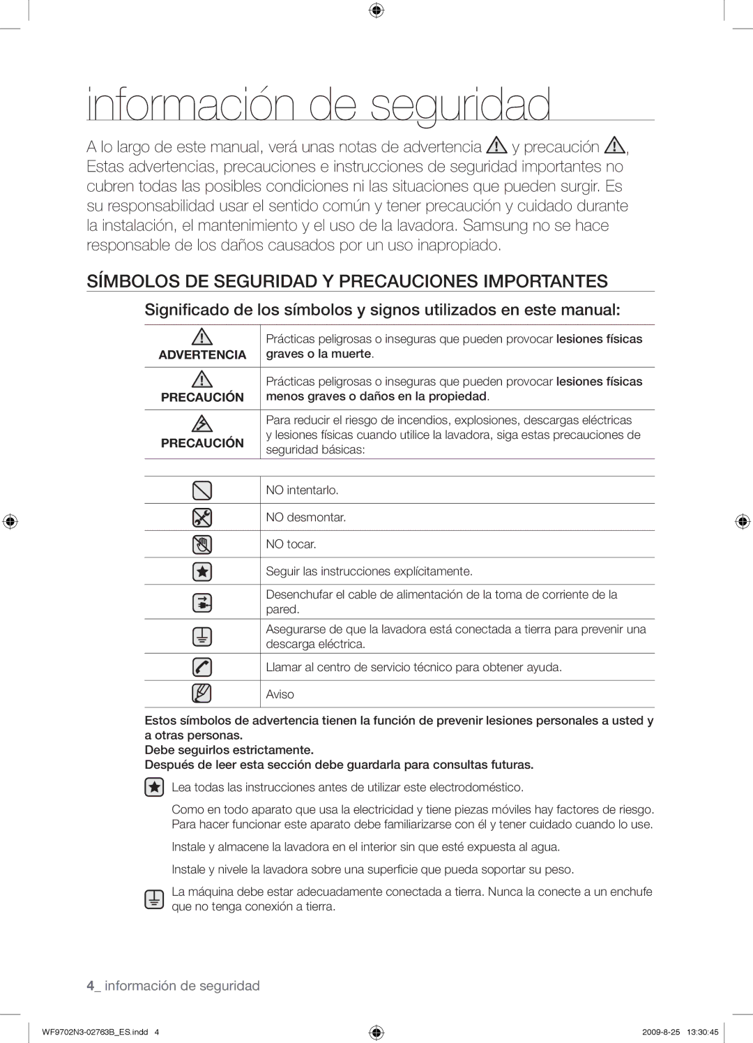 Samsung WF9702N3W/XEC Información de seguridad, Símbolos DE Seguridad Y Precauciones Importantes, Advertencia, Precaución 