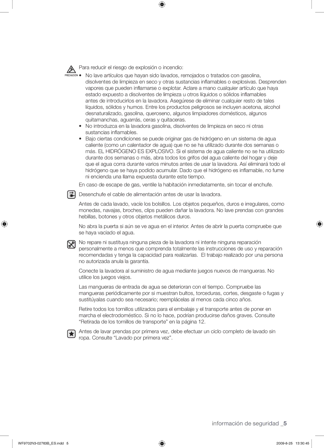 Samsung WF9702N3W/XEC manual Para reducir el riesgo de explosión o incendio 