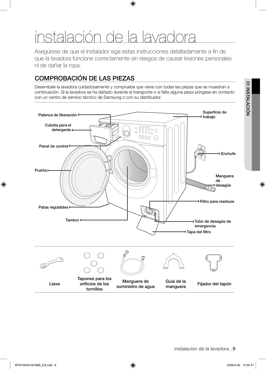 Samsung WF9702N3W/XEC manual Instalación de la lavadora, Comprobación DE LAS Piezas, Manguera, Tornillos 