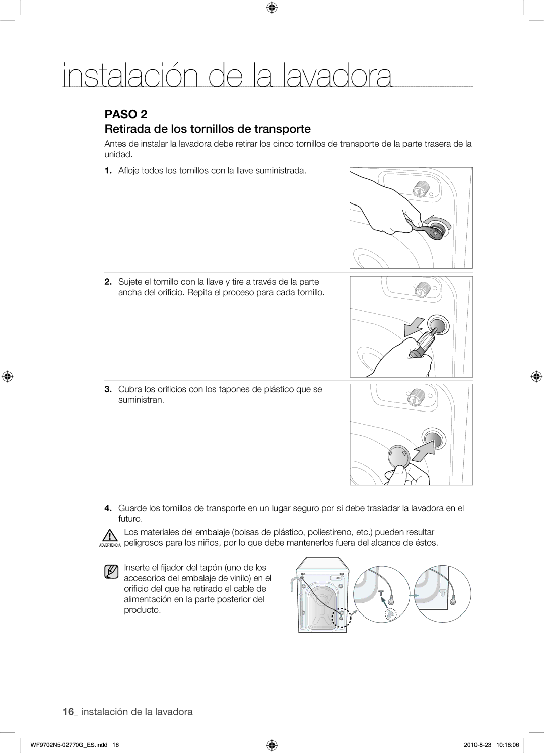 Samsung WF9702N5W/XEC, WF9702N5W/XEP manual Retirada de los tornillos de transporte 