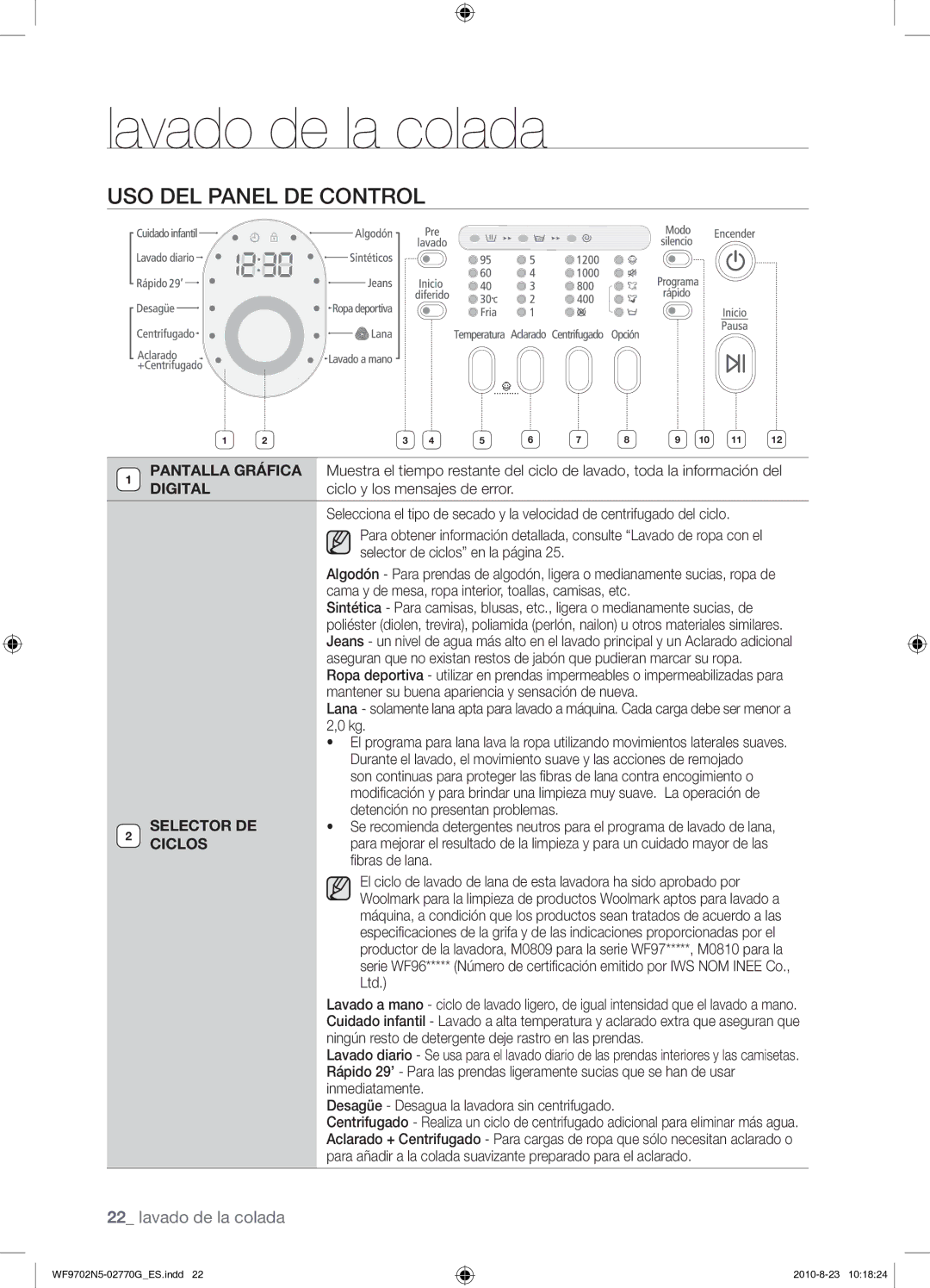 Samsung WF9702N5W/XEC, WF9702N5W/XEP manual USO DEL Panel DE Control, Selector DE, Ciclos, ﬁbras de lana 