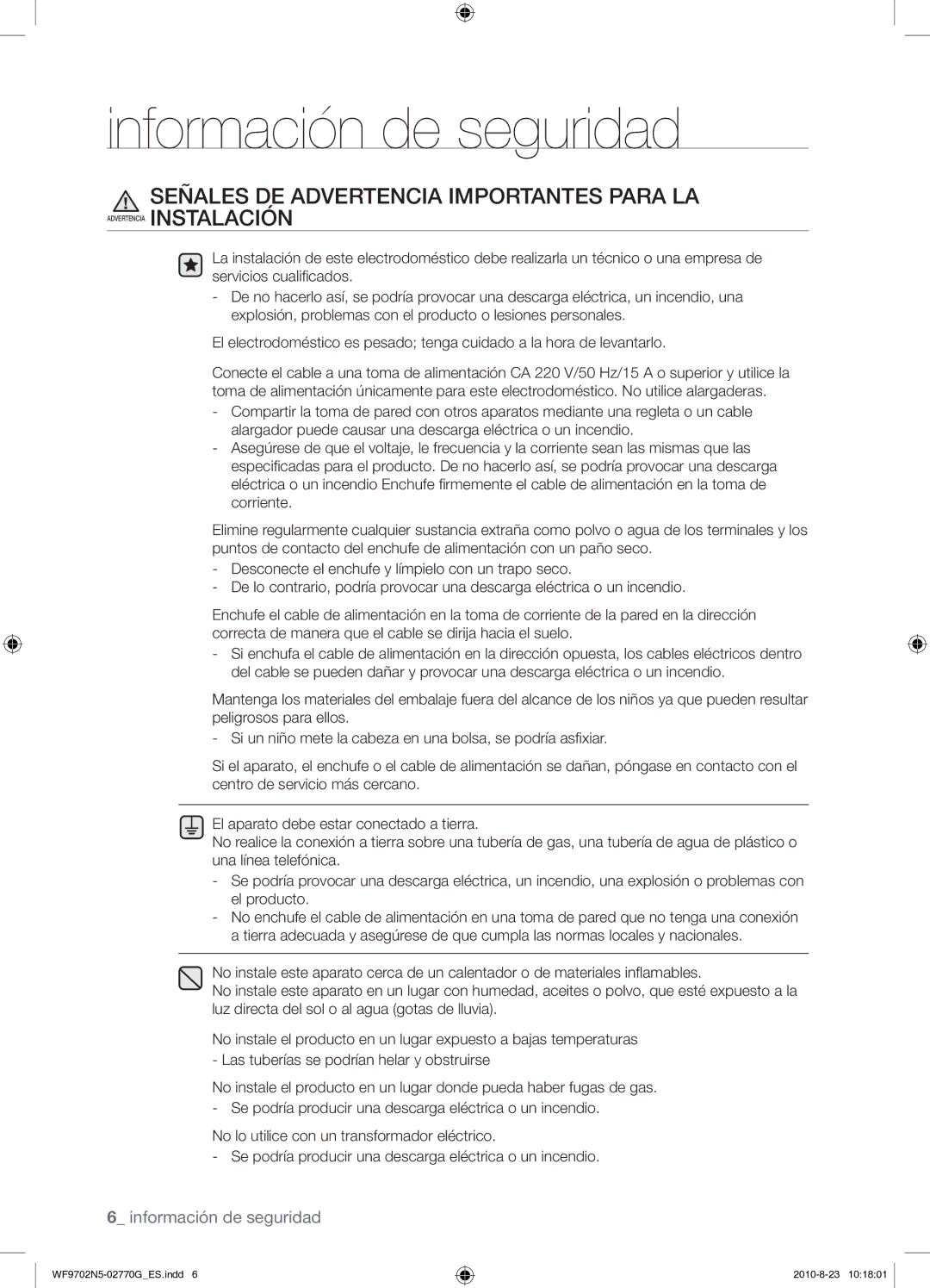 Samsung WF9702N5W/XEC, WF9702N5W/XEP manual Señales DE Advertencia Importantes Para LA 