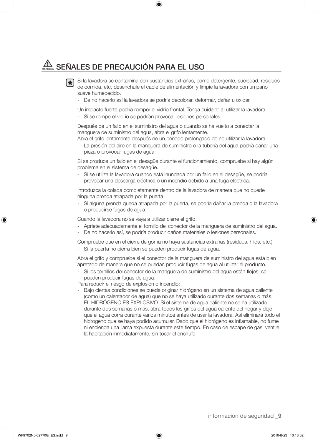 Samsung WF9702N5W/XEP, WF9702N5W/XEC manual Precaución Señales DE Precaución Para EL USO 