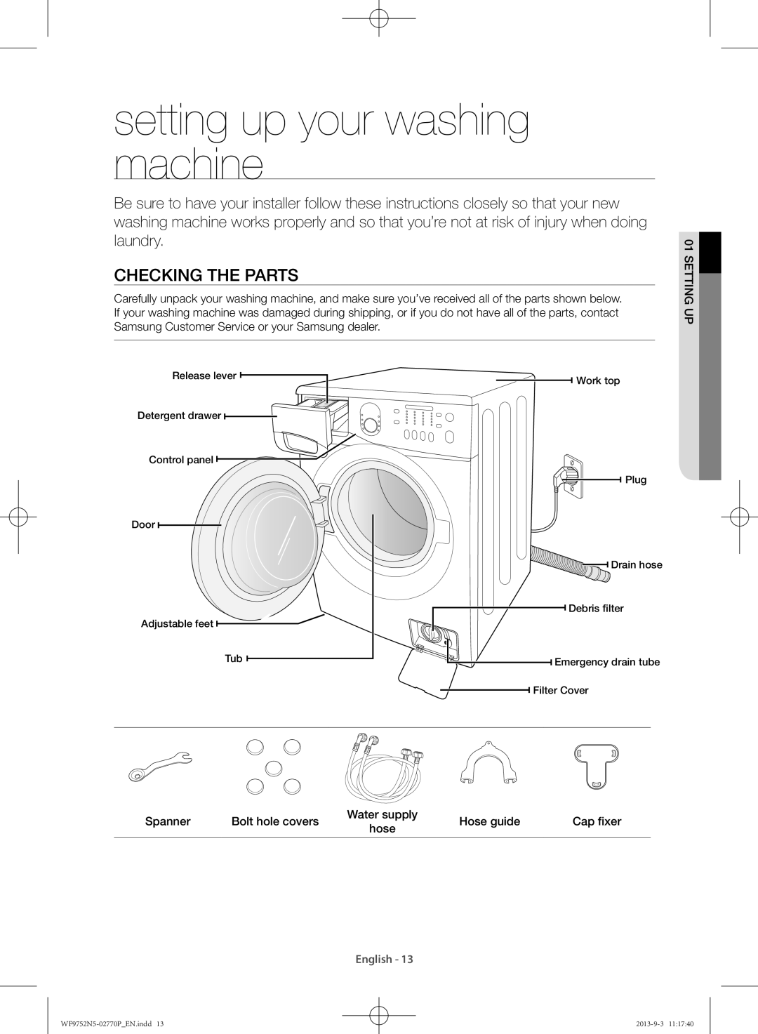 Samsung WF9752N5C/XSV, WF9752N5W/SV manual Setting up your washing machine, Checking the parts 