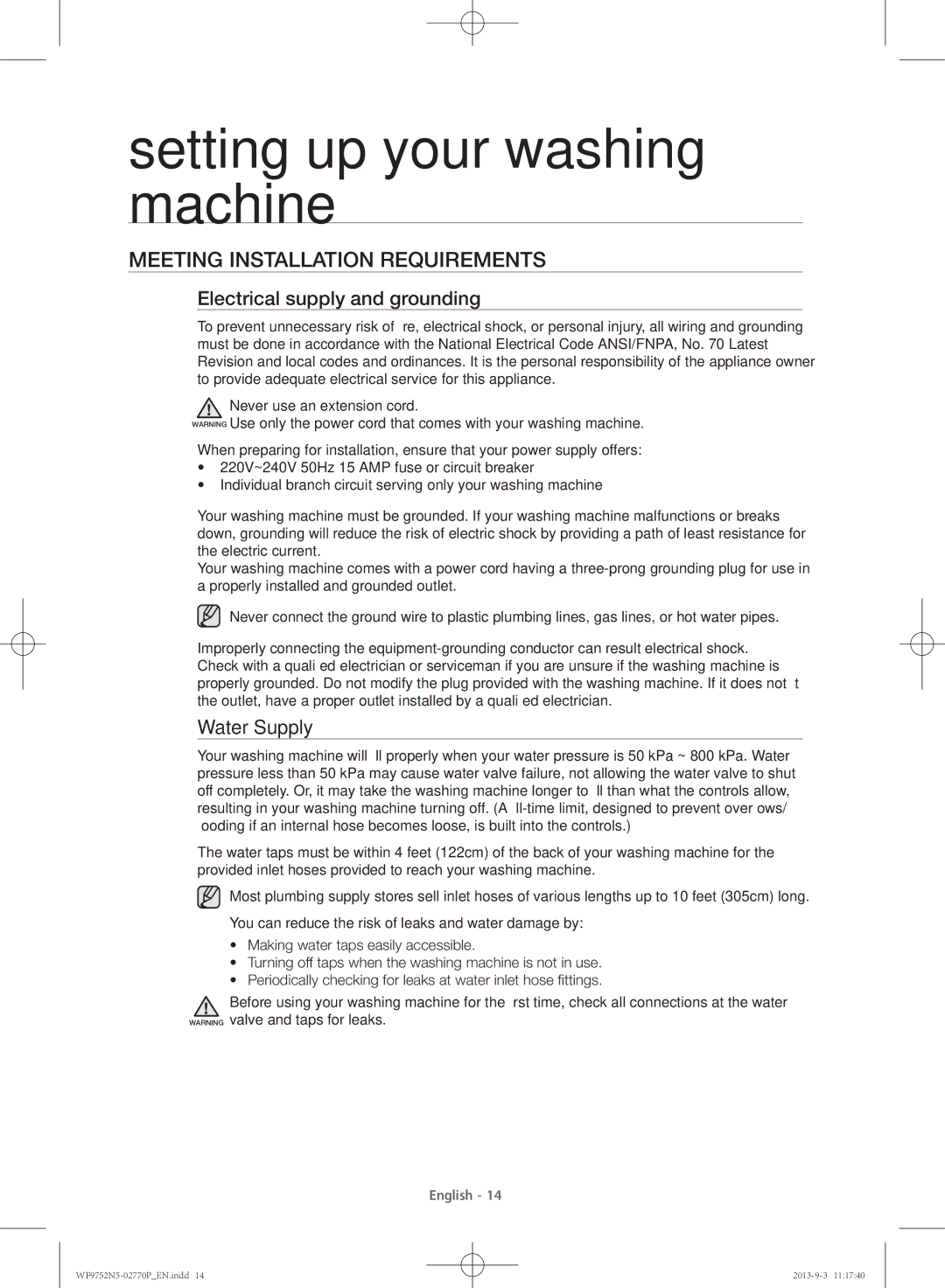 Samsung WF9752N5W/SV, WF9752N5C/XSV manual Meeting installation requirements, Electrical supply and grounding, Water Supply 