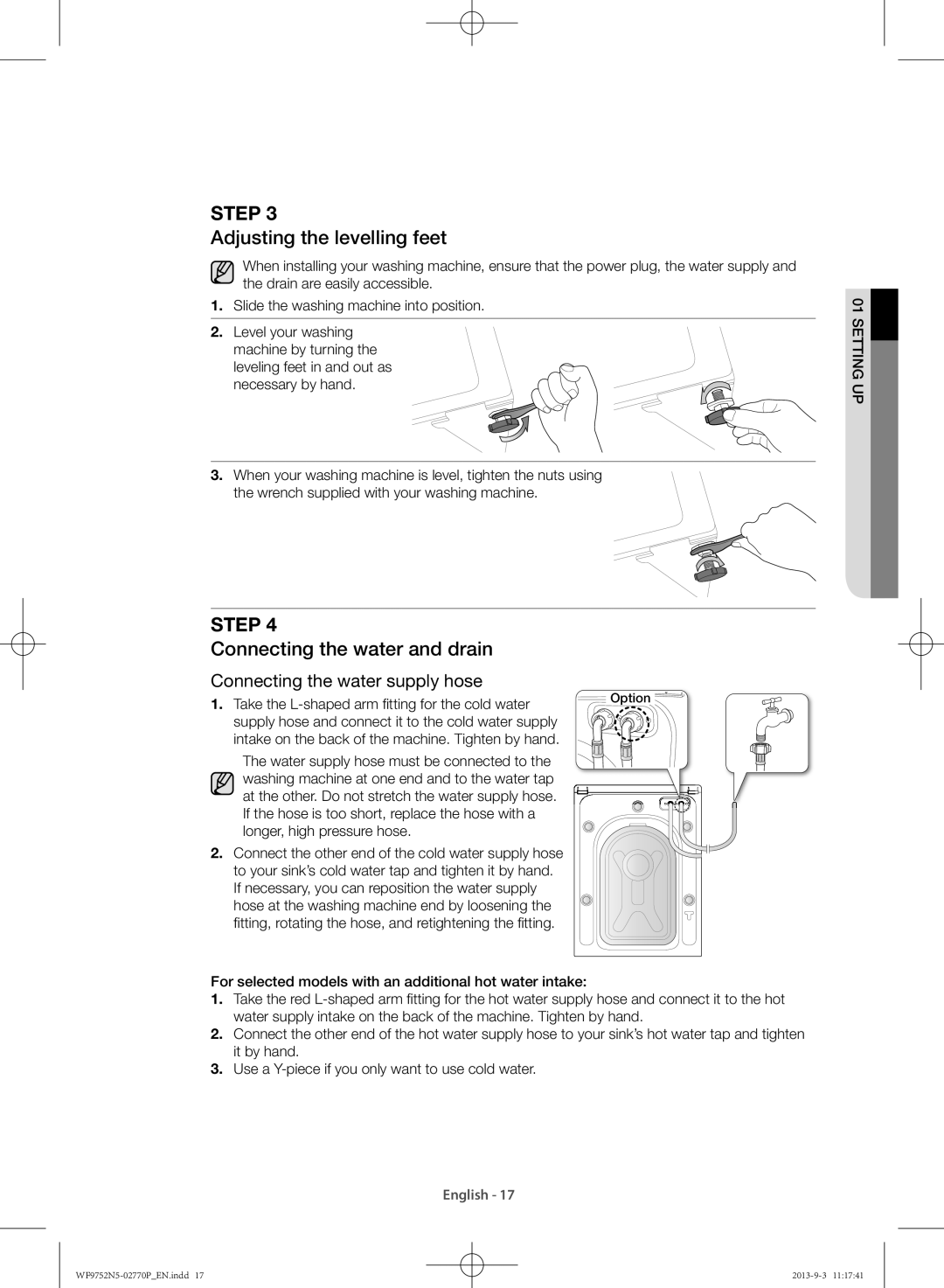 Samsung WF9752N5C/XSV, WF9752N5W/SV manual Adjusting the levelling feet, Connecting the water and drain 