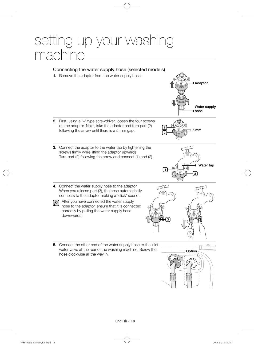 Samsung WF9752N5W/SV, WF9752N5C/XSV manual Connecting the water supply hose selected models 