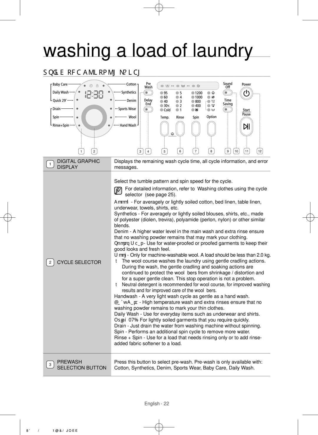 Samsung WF9752N5W/SV, WF9752N5C/XSV manual Using the control panel, Prewash 