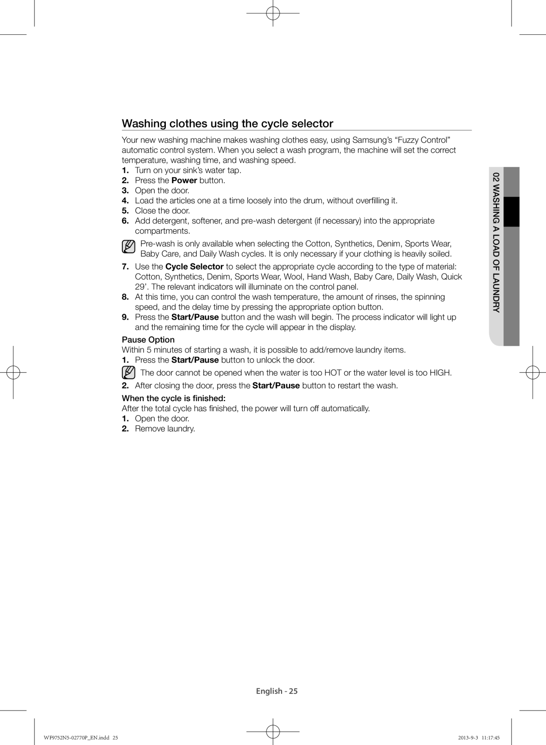 Samsung WF9752N5C/XSV, WF9752N5W/SV manual Washing clothes using the cycle selector 