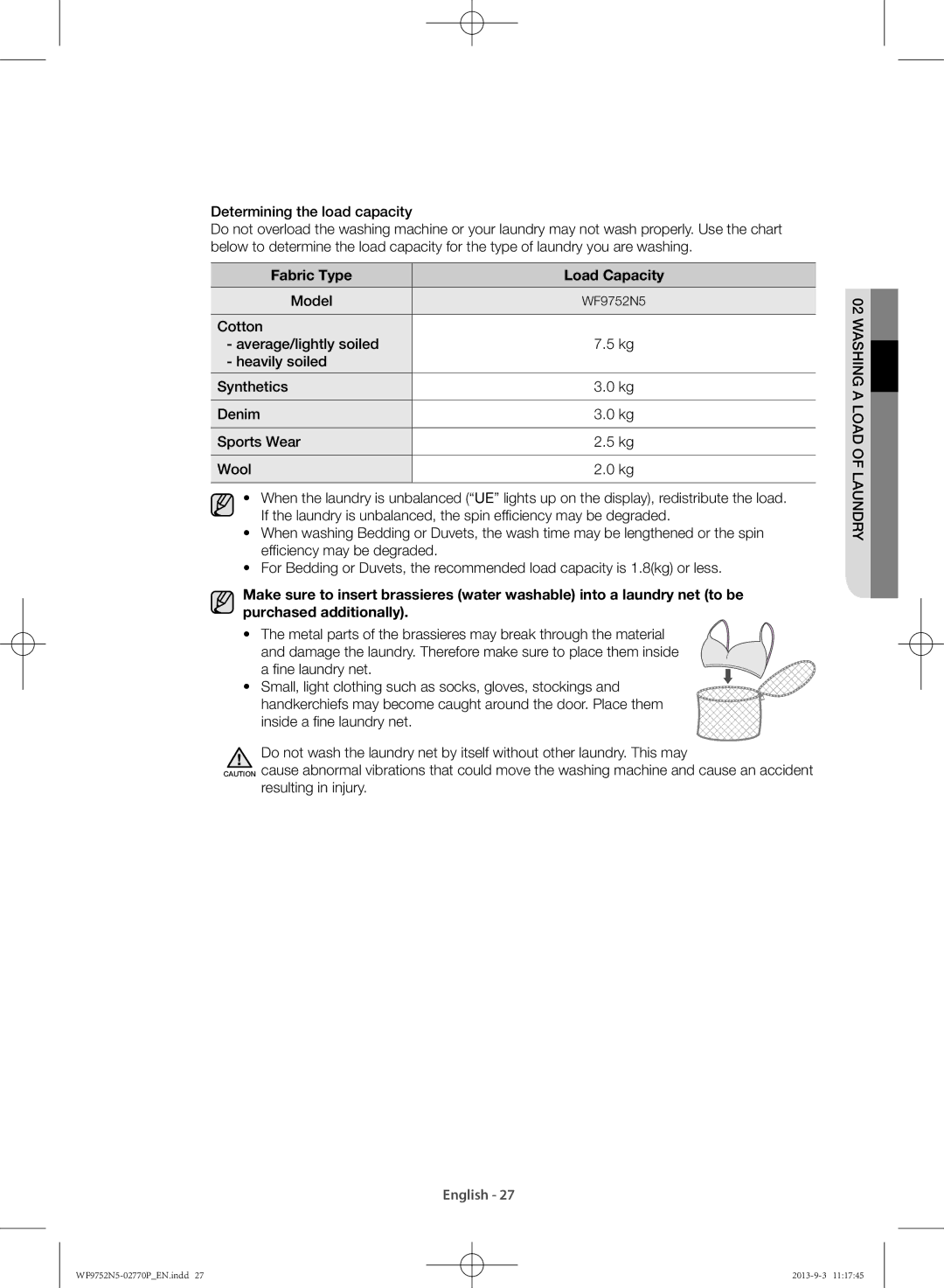 Samsung WF9752N5C/XSV, WF9752N5W/SV manual Fabric Type Load Capacity 