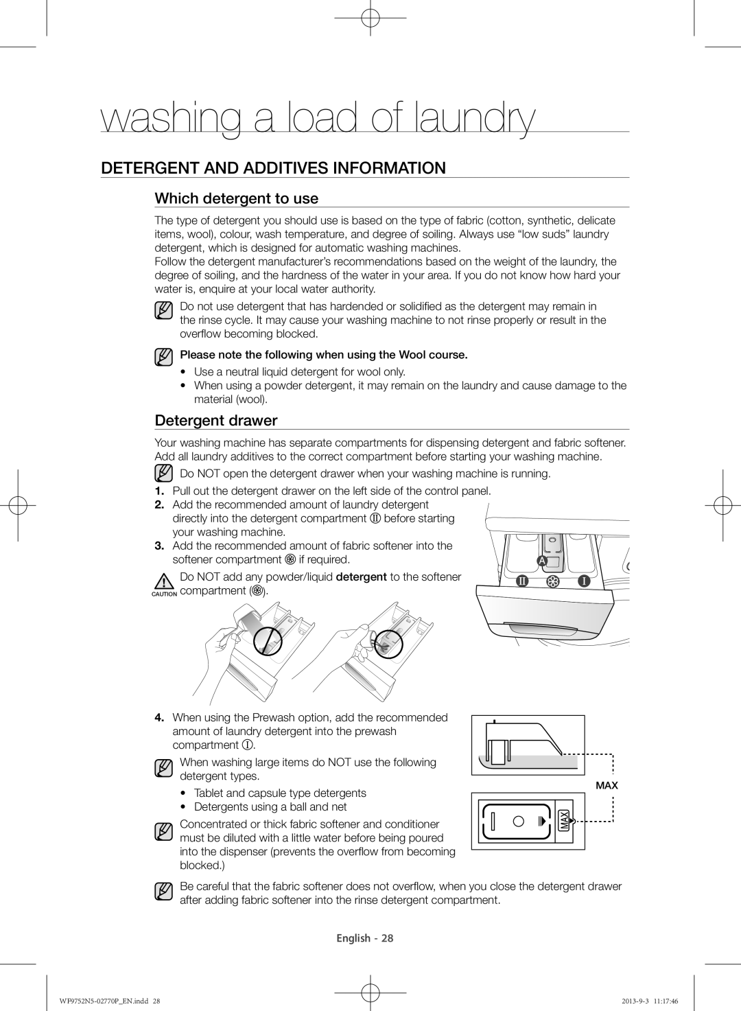 Samsung WF9752N5W/SV, WF9752N5C/XSV manual Detergent and additives information, Which detergent to use, Detergent drawer 