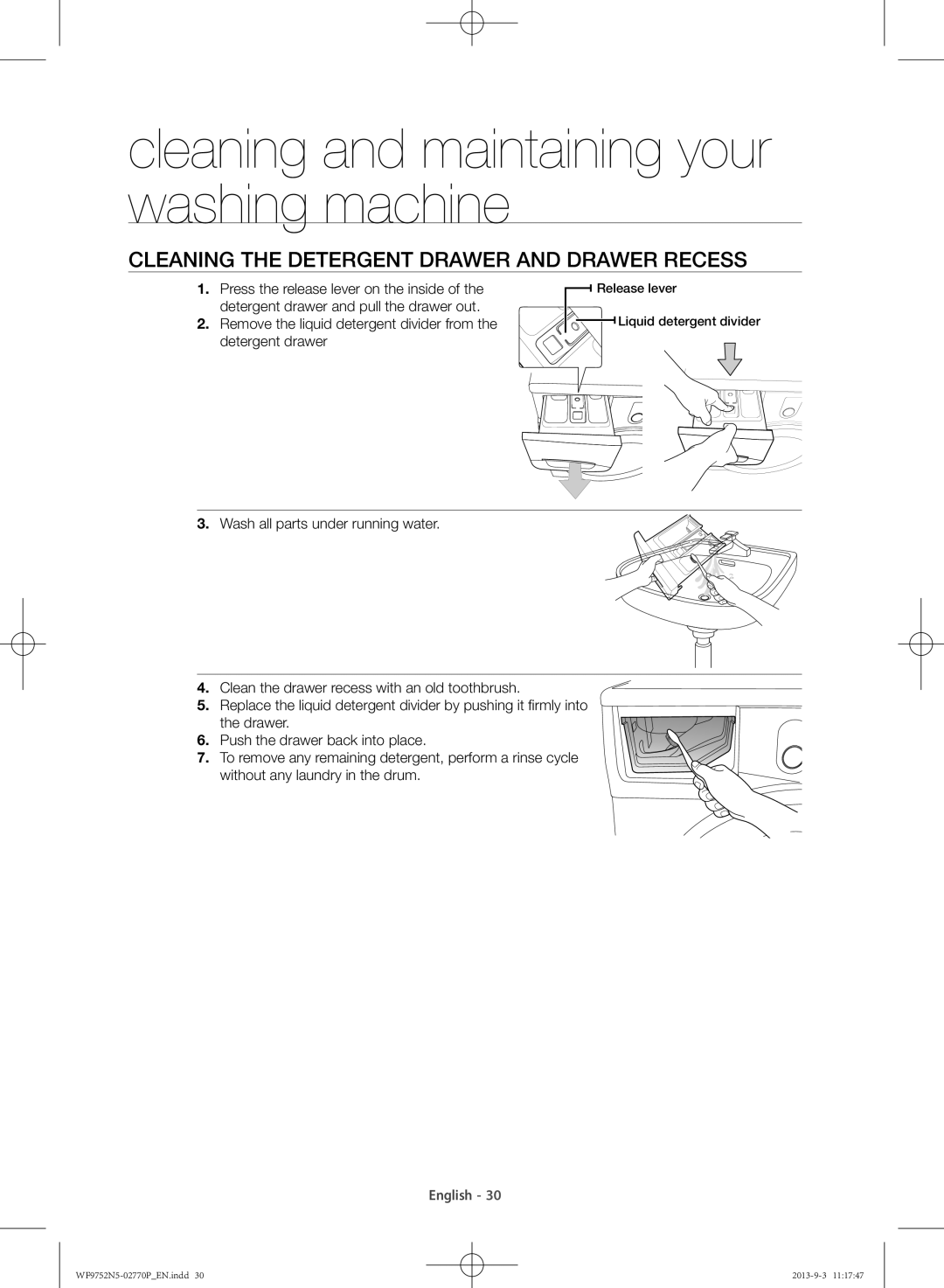 Samsung WF9752N5W/SV, WF9752N5C/XSV manual Cleaning the detergent drawer and drawer recess 