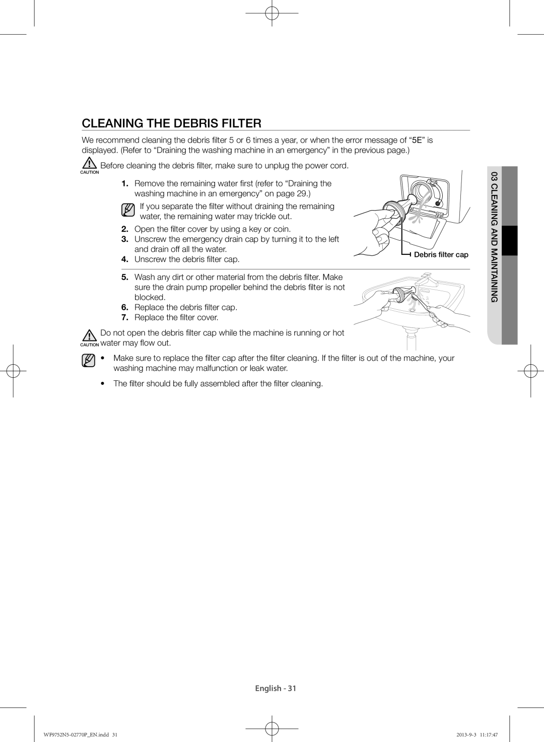 Samsung WF9752N5C/XSV, WF9752N5W/SV manual Cleaning the debris filter 