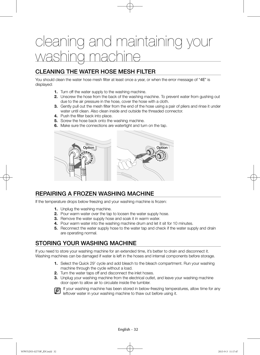 Samsung WF9752N5W/SV Cleaning the water hose mesh filter, Repairing a frozen washing machine, Storing your washing machine 