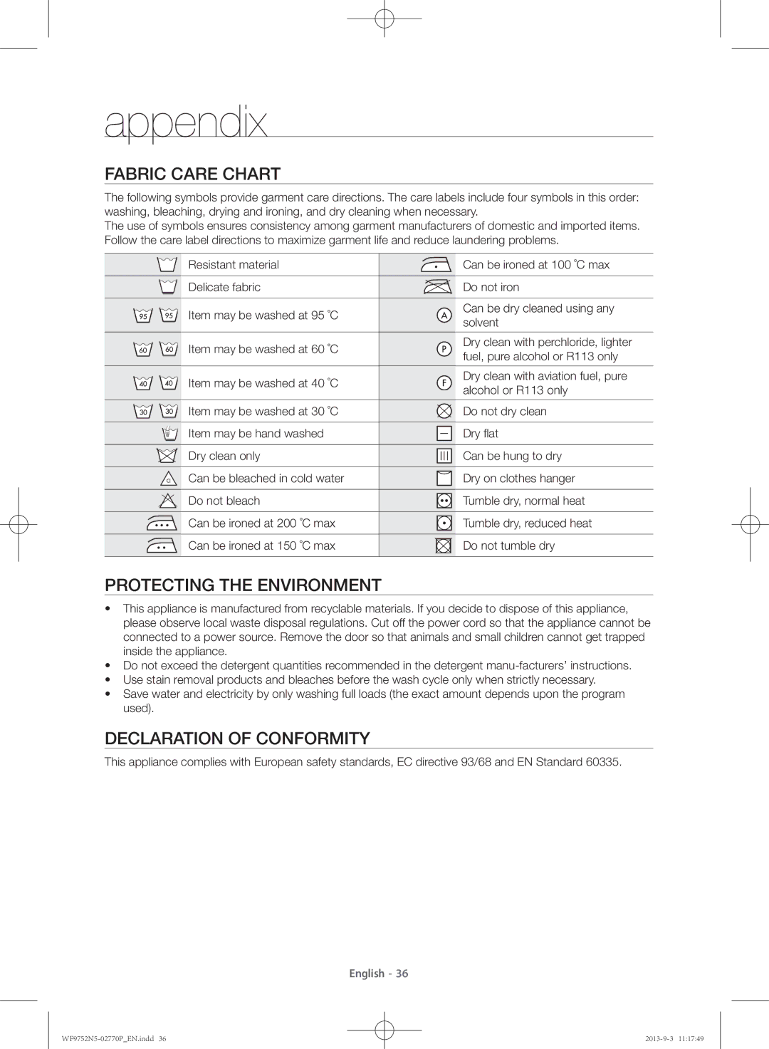 Samsung WF9752N5W/SV, WF9752N5C/XSV Appendix, Fabric care chart, Protecting the environment, Declaration of conformity 