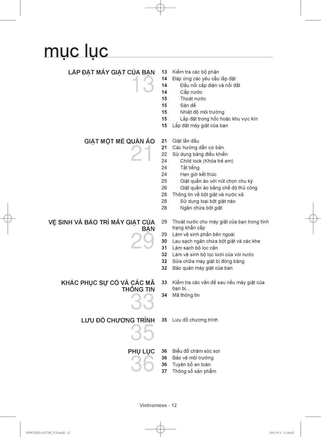 Samsung WF9752N5W/SV, WF9752N5C/XSV Mục lục, Lưu đồ chương trình, Bảo vệ môi trường, Tuyên bố an toàn, Thông số sản phẩm 