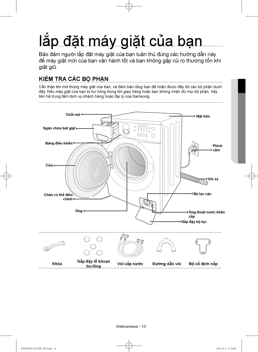 Samsung WF9752N5C/XSV, WF9752N5W/SV manual Lắp đặt máy giặt của bạn, Kiểm tra các bộ phận 