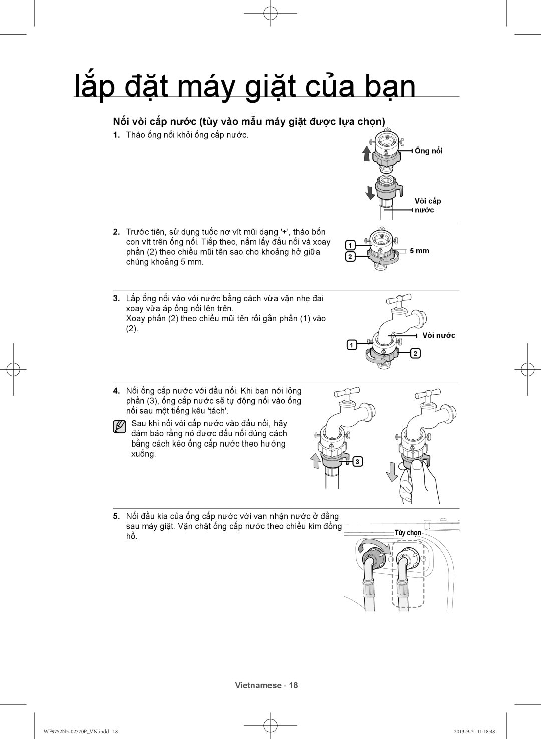 Samsung WF9752N5W/SV, WF9752N5C/XSV manual Nối vòi cấp nước tùy vào mẫu máy giặt được lựa chọn 