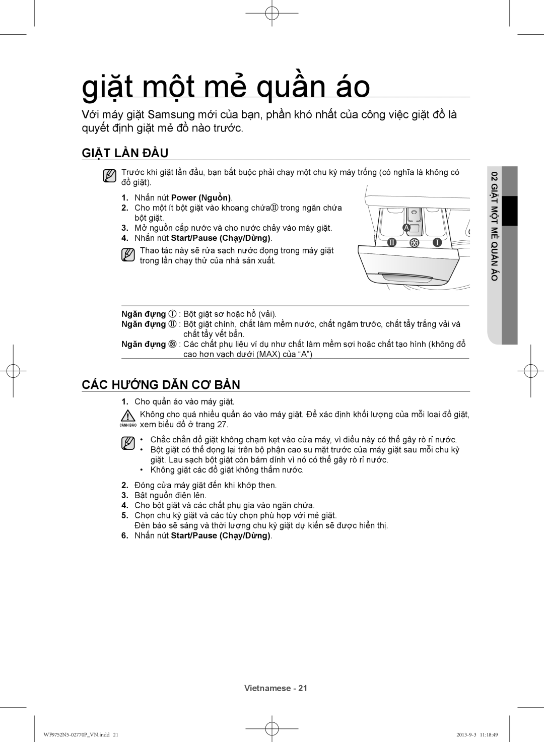 Samsung WF9752N5C/XSV, WF9752N5W/SV manual Giặt một mẻ quần áo, Giặt lần đầu, Các hướng dẫn cơ bản 