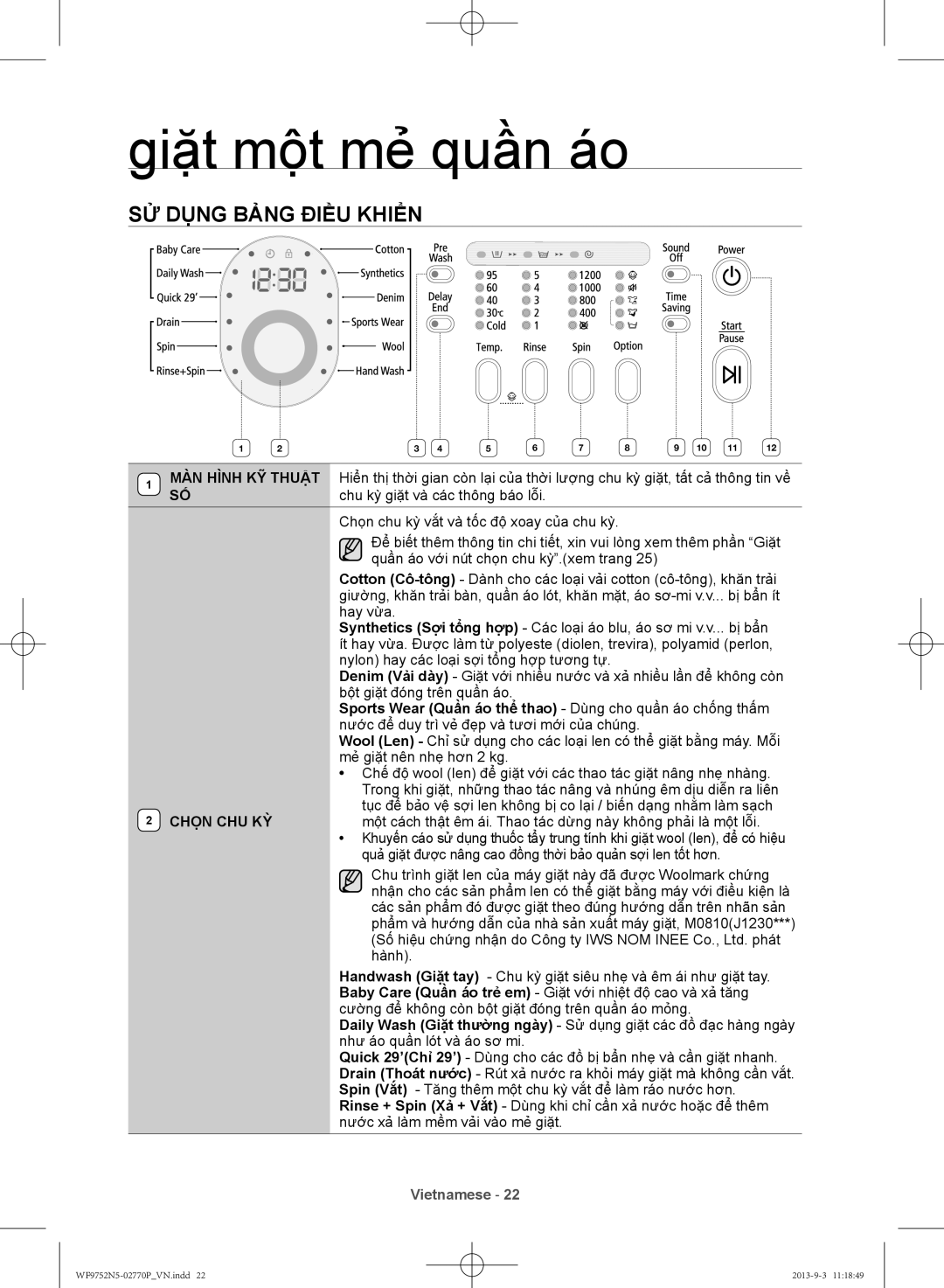 Samsung WF9752N5W/SV manual Sử dụng bảng điều khiển, Sports Wear Quần áo thể thao Dùng cho quần áo chống thấm, Chọn CHU KỲ 