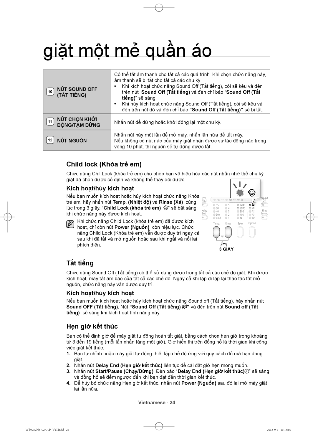 Samsung WF9752N5W/SV, WF9752N5C/XSV manual Child lock Khóa trẻ em, Tắt tiếng, Hẹn giờ kết thúc 