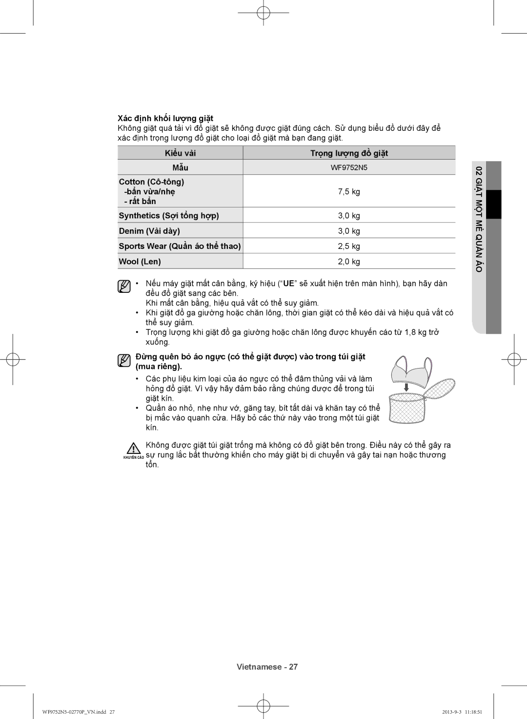 Samsung WF9752N5C/XSV, WF9752N5W/SV manual Xác đị̣nh khối lượng giặt, Kiểu vải Trọng lượng đồ giặt Mẫu 
