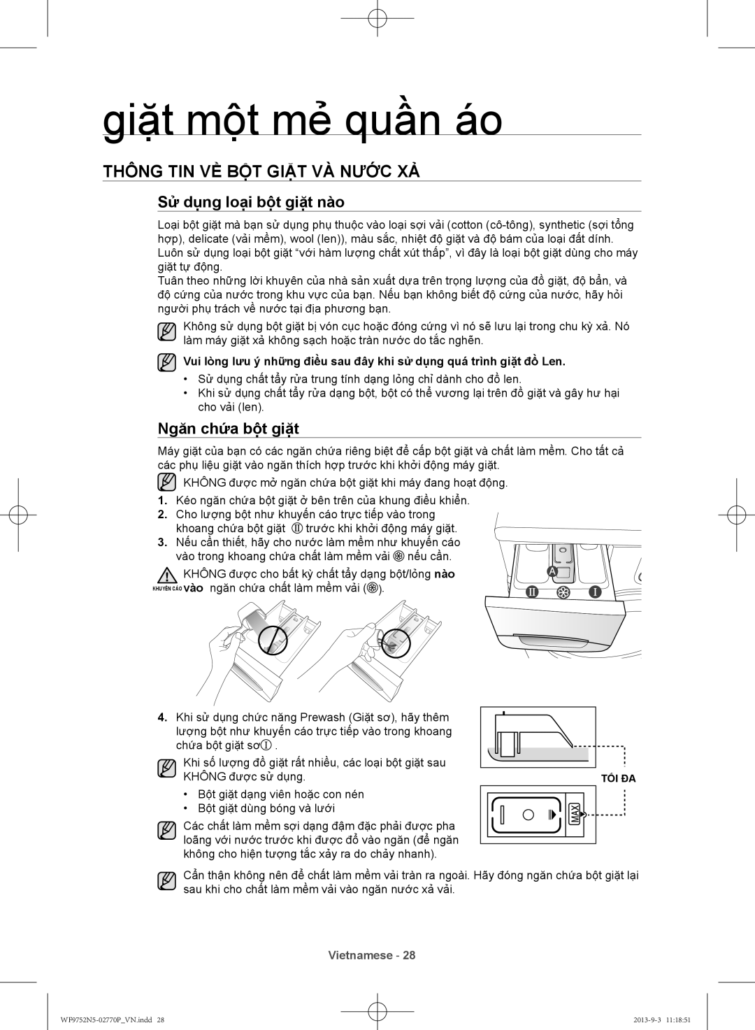 Samsung WF9752N5W/SV, WF9752N5C/XSV manual Thông tin về bột giặt và nước xả, Sử dụng loại bột giặt nào, Ngăn chứa bột giặt 