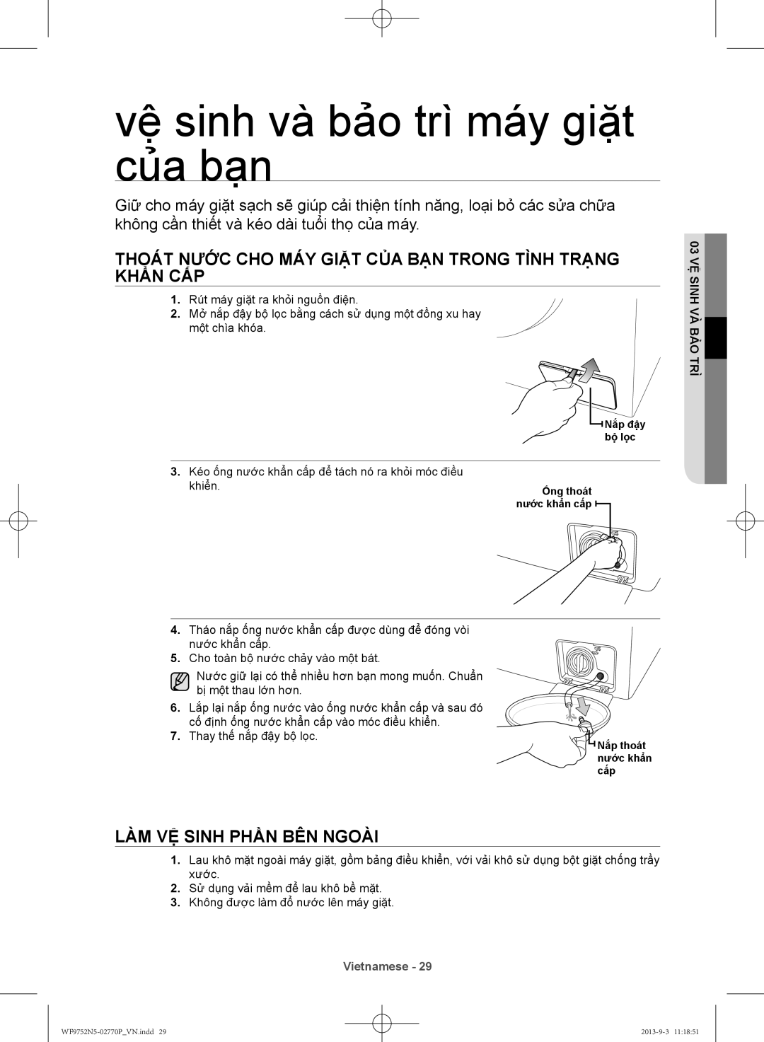 Samsung WF9752N5C/XSV manual Vệ sinh và bảo trì máy giặt của bạn, Thoát nước cho máy giặt của bạn trong tình trạng khẩn cấp 