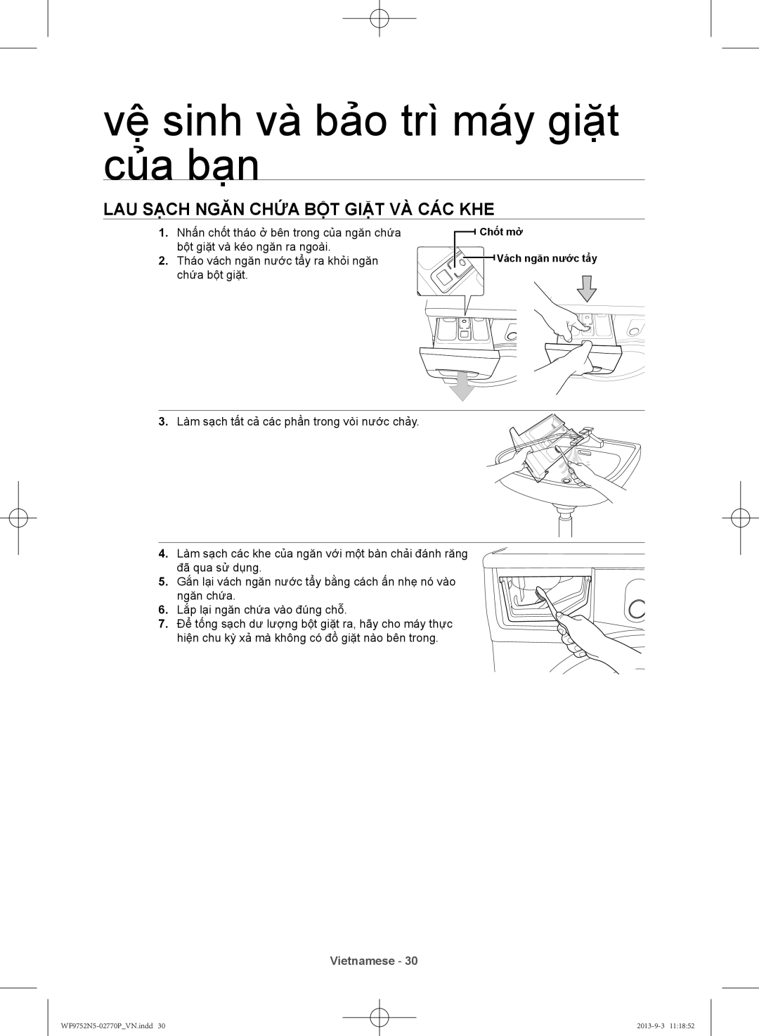 Samsung WF9752N5W/SV, WF9752N5C/XSV manual Lau sạch ngăn chứa bột giặt và các khe 