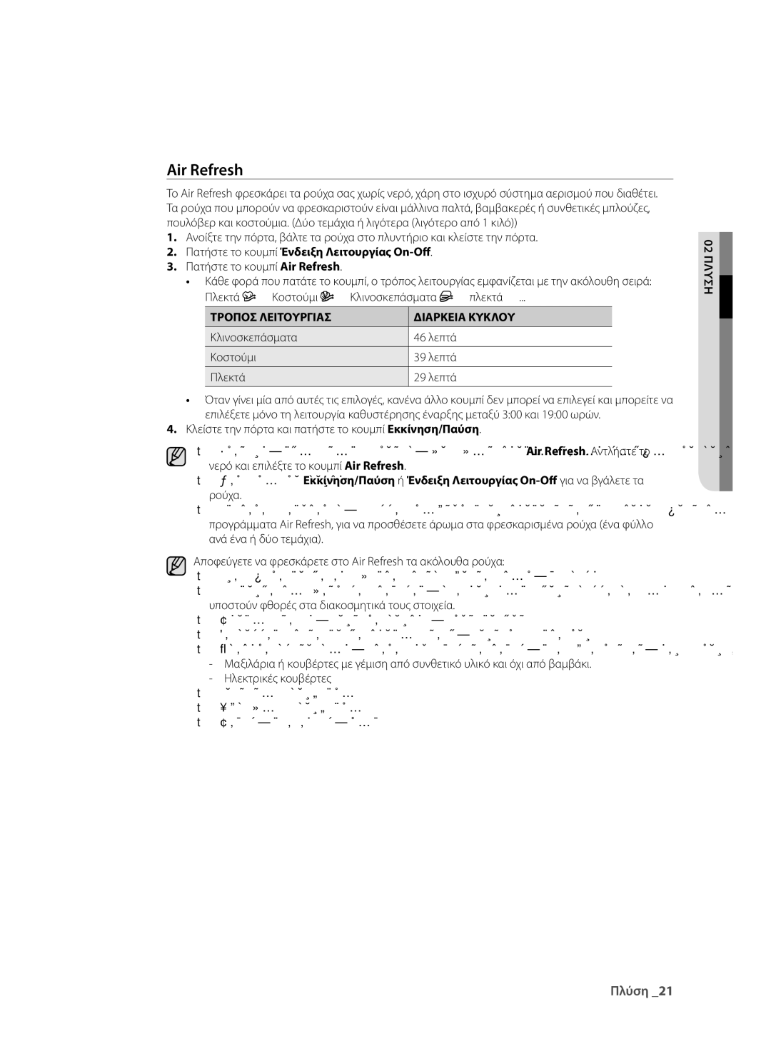 Samsung WF9902EWE/YLV, WF9802RWE/YLV manual Πατήστε το κουμπί Air Refresh, Τροποσ Λειτουργιασ Διαρκεια Κυκλου 