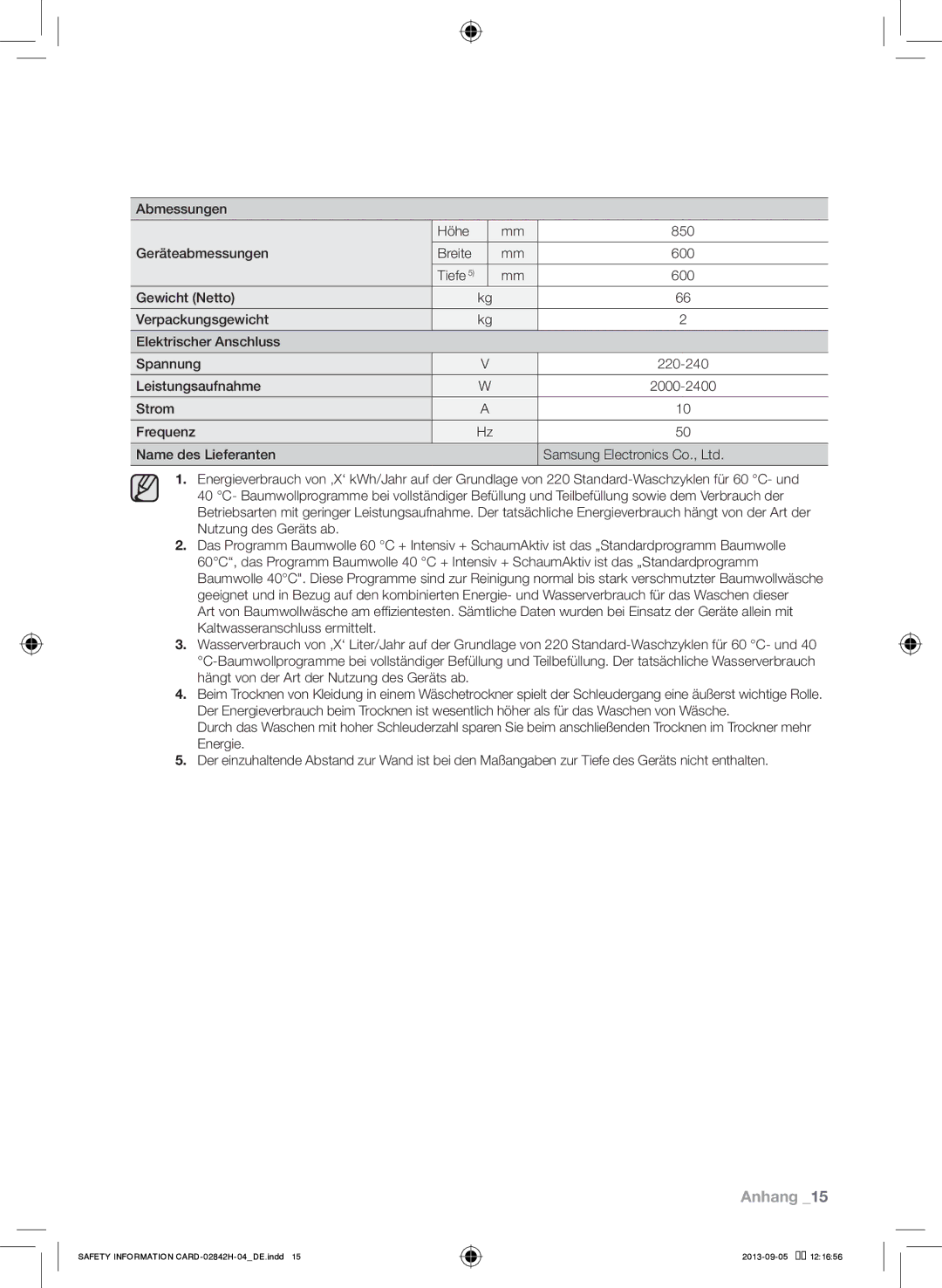 Samsung WF57846P53XEG, WF9844GWE1/XEG, WF9824GWV1/XEG, WF57846P5/XEG manual Abmessungen Höhe 850 Geräteabmessungen Breite 600 