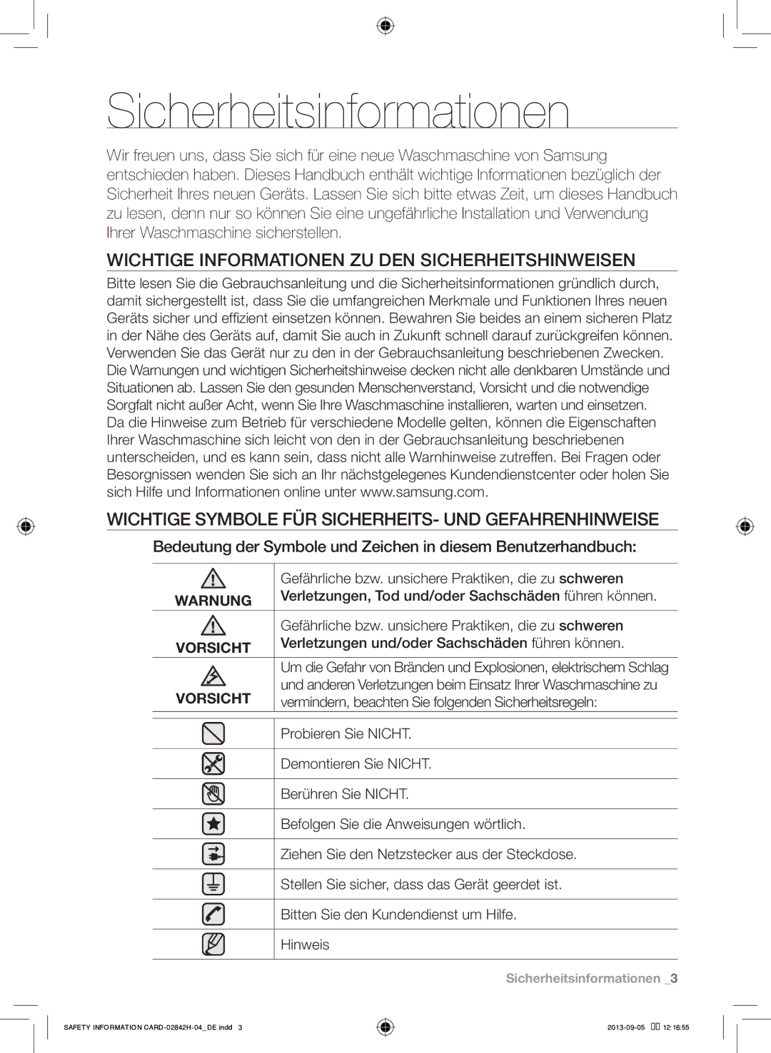 Samsung WF57846P5/XEG, WF9844GWE1/XEG, WF57846P53XEG, WF9824GWV1/XEG manual Wichtige Informationen ZU DEN Sicherheitshinweisen 