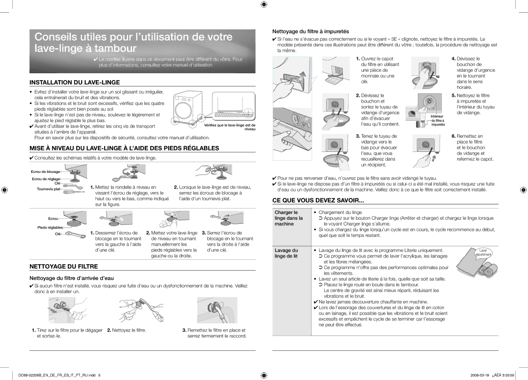 Samsung WF88F7E6P6W3EG, WF9700N5W/YAH Installation DU LAVE-LINGE, Mise À Niveau DU LAVE-LINGE À L’AIDE DES Pieds Réglables 