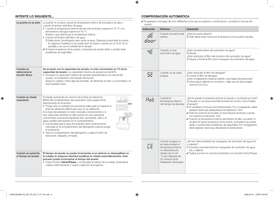 Samsung WF57846P53XEG, WF9844GWE1/XEG manual Intente LO Siguiente, Comprobación Automática, Indicación Síntoma Actuación 